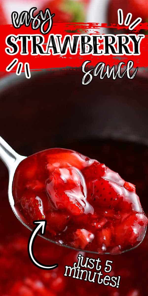 a spoon full of strawberry sauce with the words easy strawberry sauce on it and an image of