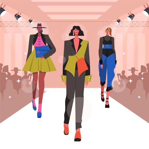 three models walking down the runway at a fashion show wearing colorful clothes and hats with bright colors