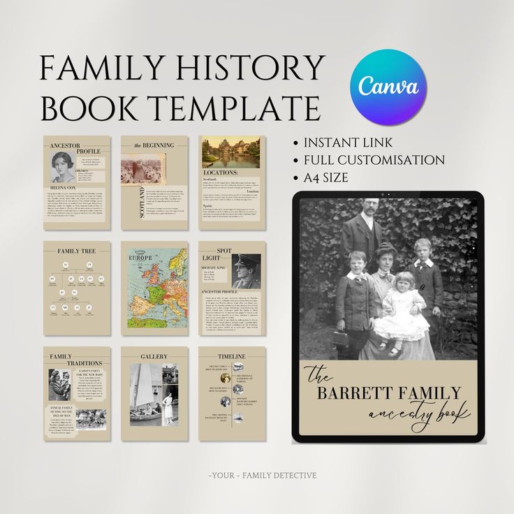 the family history book template is displayed on a white background with black and tan photos