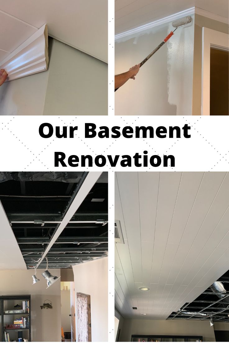 the process of painting an unfinished basement ceiling with white paint and black pippings