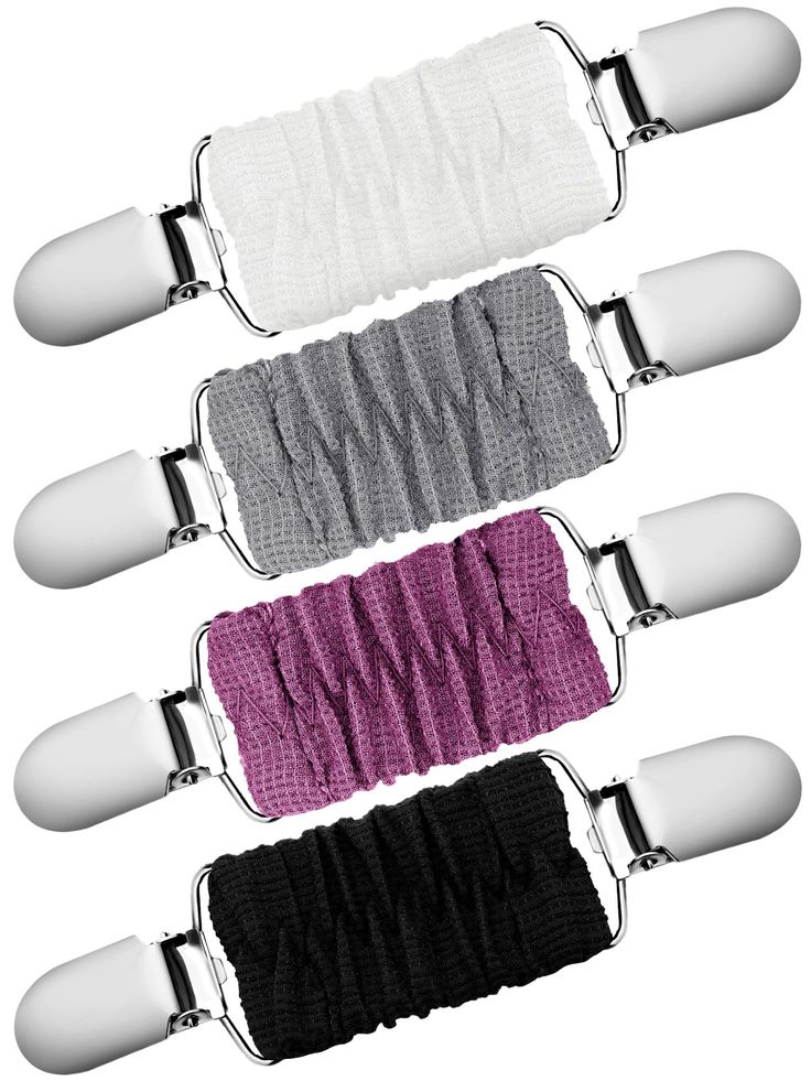 four pairs of white, black, and purple knitted garters with handles