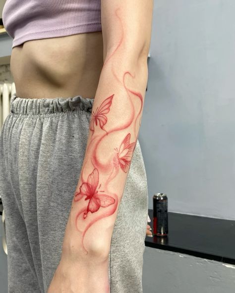 Tattoo Ideas Wrap Around Arm, Red Ink Dragon Tattoo Arm, Red Leg Tattoos Women, Red Tattoos For Women Arm, Red Fineline Tattoo, Arm Wrap Around Tattoo, Around The Arm Tattoo, Red Tattoo Sleeve, Color Tattoos For Women