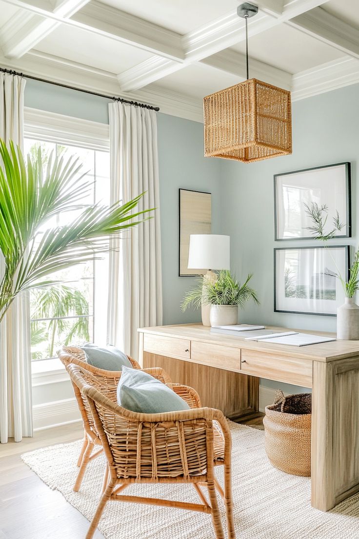 a home office with wicker furniture and plants