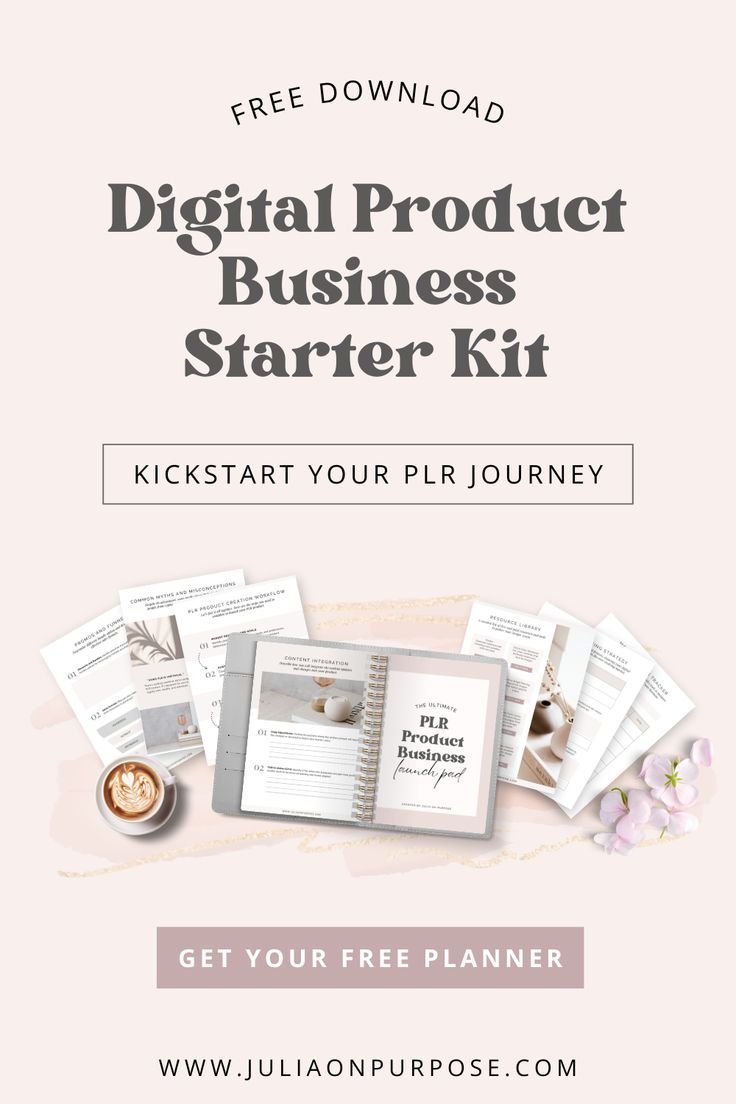 the digital product business starter kit is shown on a pink background with text that reads, get your free planner