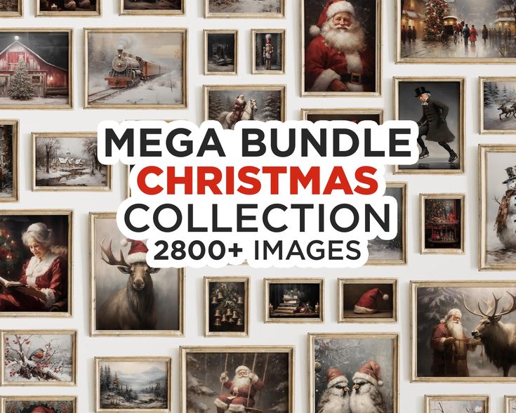 the mega bundle christmas collection is displayed in front of a wall with pictures and santa claus