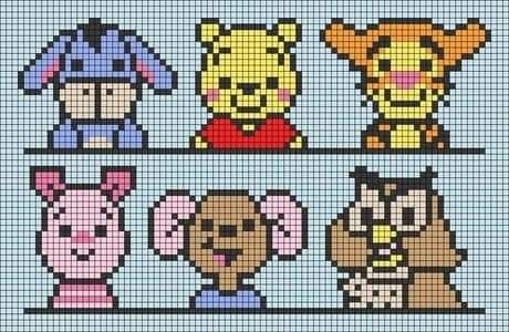 cross stitch pattern with four different animals on the same line, each in different colors