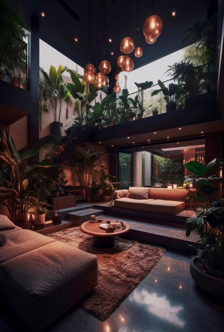 a living room filled with furniture and lots of plants