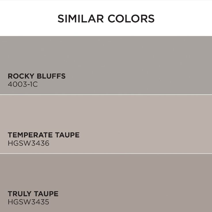 four shades of gray paint with the names similar colors on each side and one color that matches