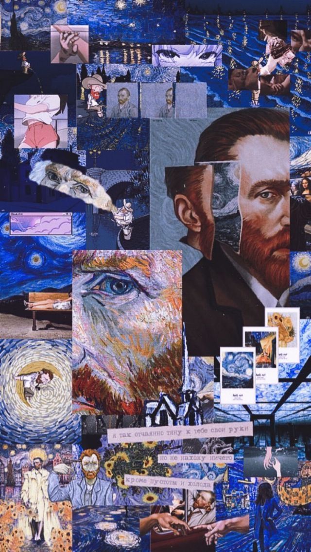 a collage of paintings and pictures with people in them, including one man's face