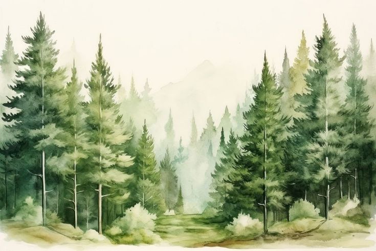 a watercolor painting of trees in the woods