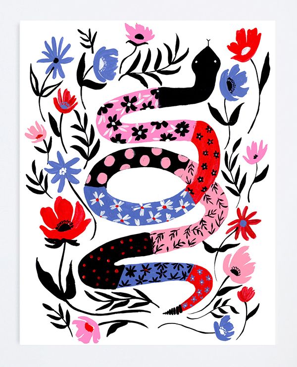 a card with an image of a snake surrounded by flowers