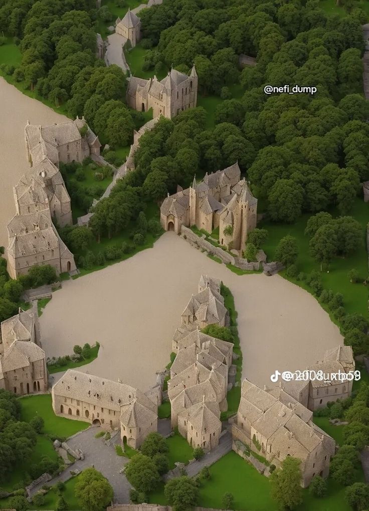 an aerial view of a castle surrounded by trees