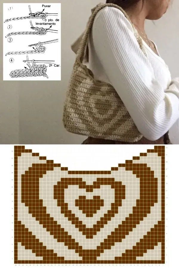 an image of a woman with her hand on her shoulder and the pattern for a purse