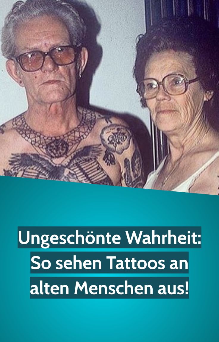 an older man and woman with tattoos on their arms, both looking at the camera