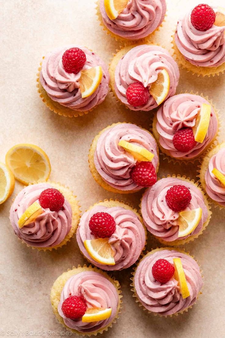 cupcakes with raspberry frosting and lemon slices