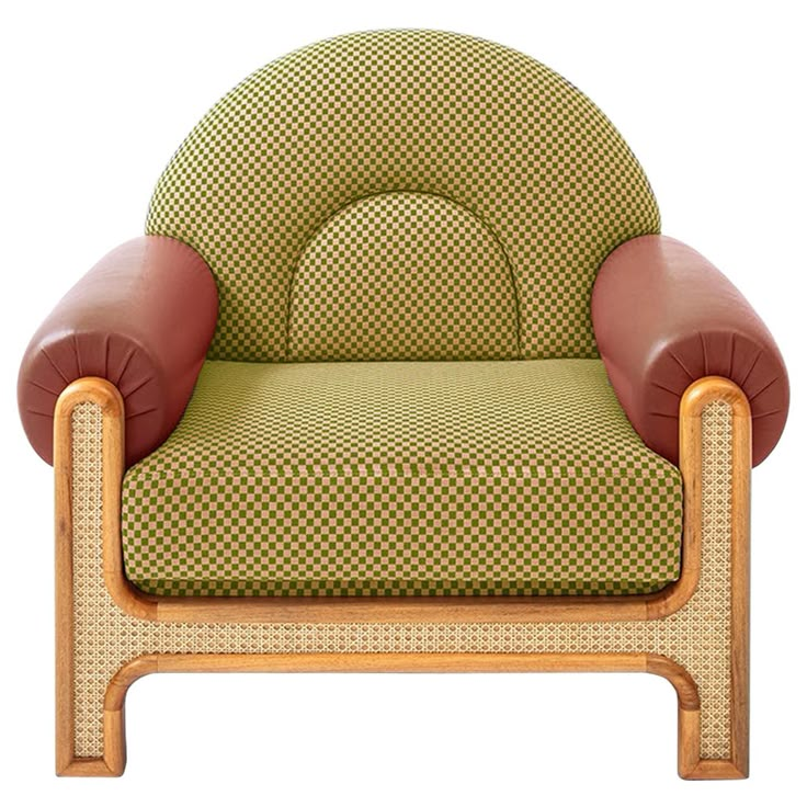 an upholstered chair with brown leather and green checkerboard fabric on the back