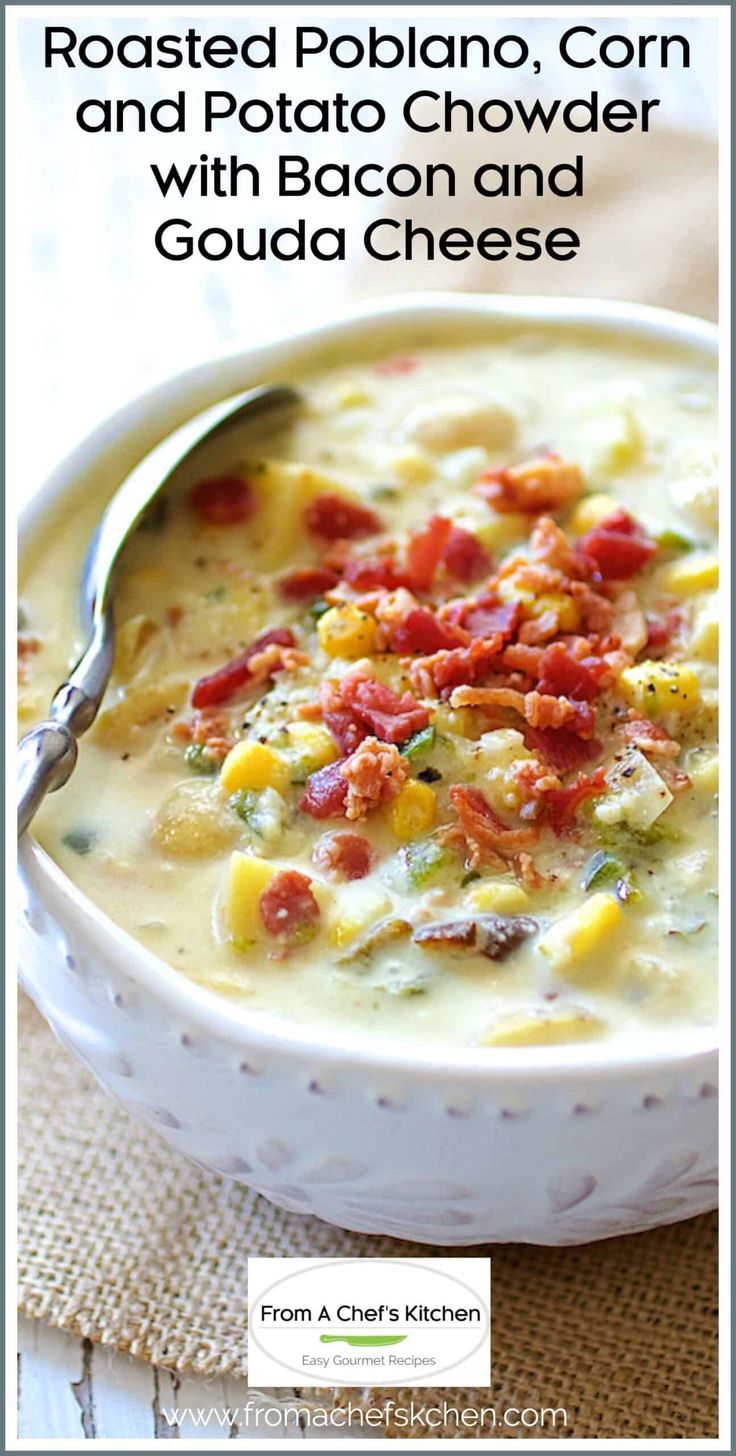 roasted potato corn and potato chowder with bacon and goulad cheese in a white bowl