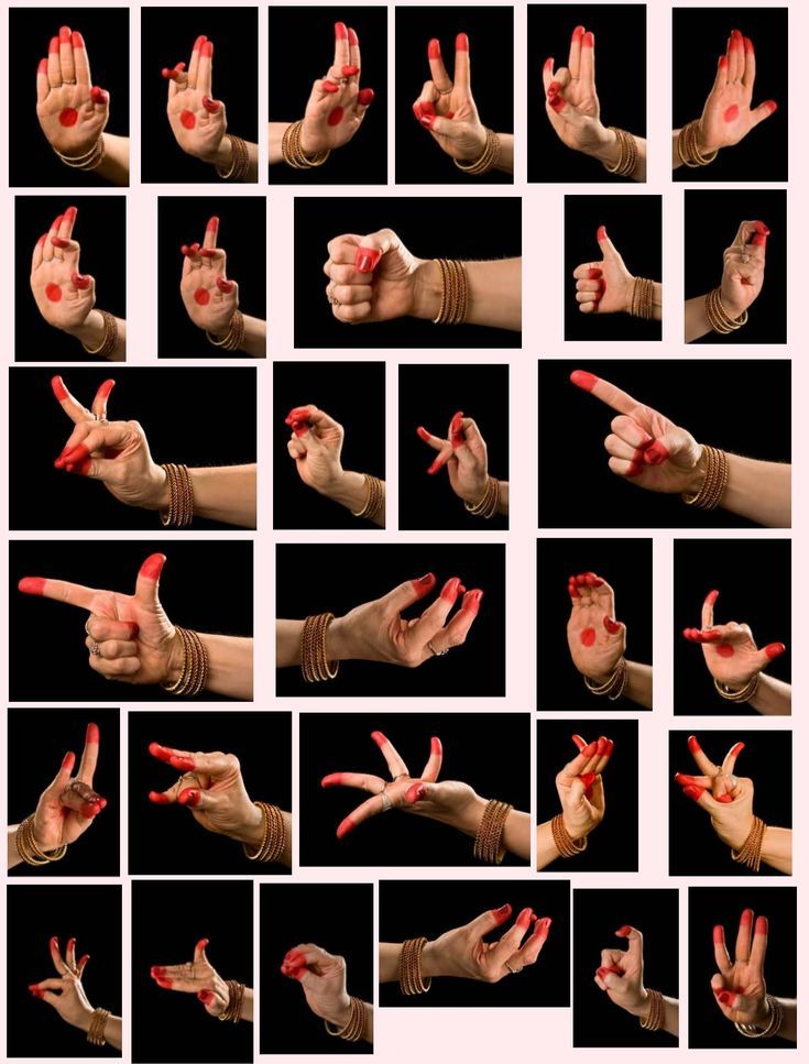 many different pictures of hands with red paint on their fingers and thumb holes in the middle