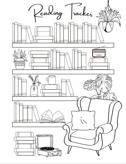 a black and white drawing of a chair in front of a bookshelf filled with books