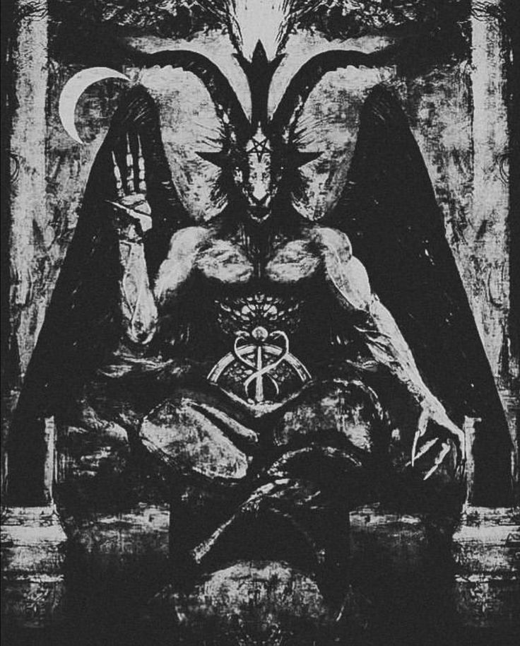 a black and white drawing of a demon sitting in front of a tree with his hands up