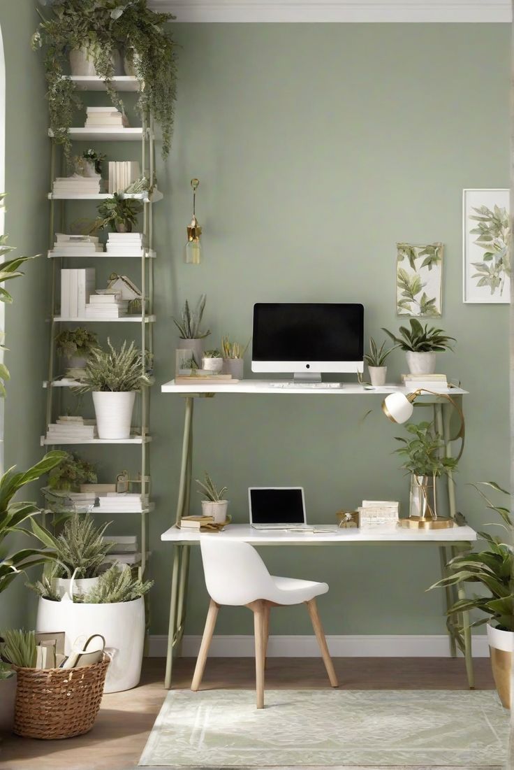 Home decor, Interior design, Space planning, Paint color match Sage Green And White Home Office, Office Ideas Sage Green, Study Room Decor Green, Sage Office Decor, Light Green Office Ideas, Sage Green Home Office Ideas, Sage Green Office Walls, Home Office Sage Green, Mint Green Office Ideas