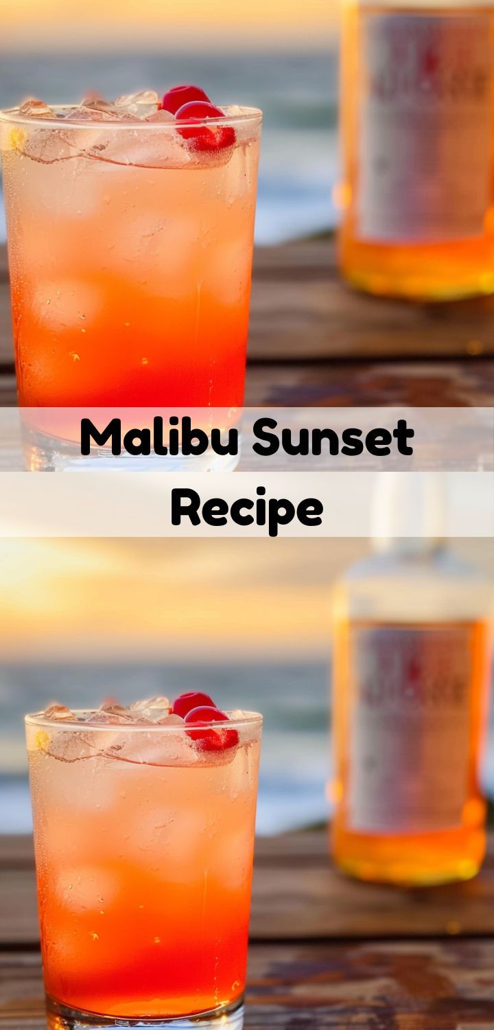 three different shots of the same drink on a wooden table with text overlay that reads malbu sunset recipe