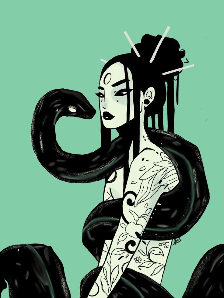 a woman with black hair and tattoos sitting on the ground next to a large snake