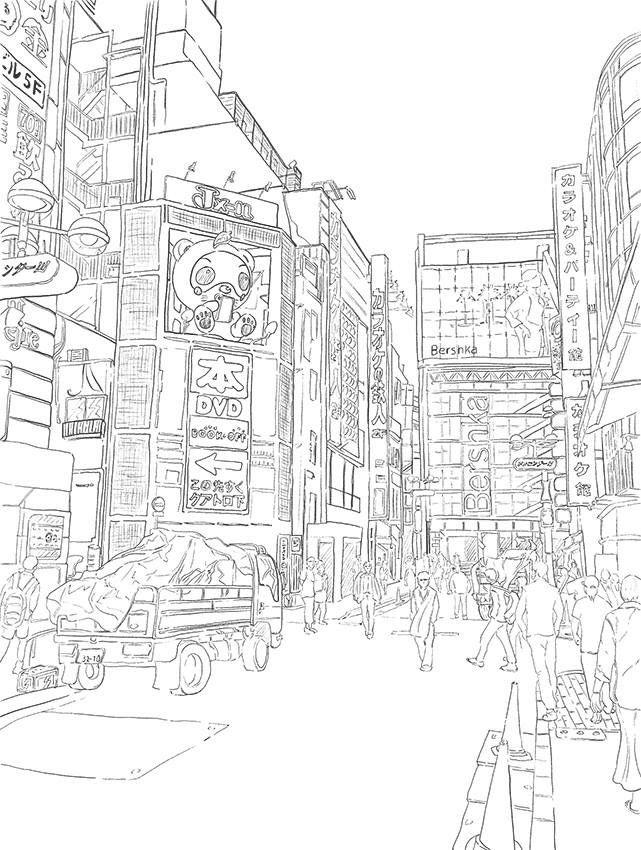 Tokyo Coloring Pages, Tokyo Street Drawing, Street Style Drawing, Tokyo Drawing, Tokyo Streets, Bobbie Goods, Street Tattoo, Tokyo City, Tokyo Street Style