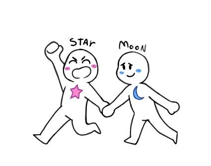 two people holding hands with the words star and moon written on their faces in pink