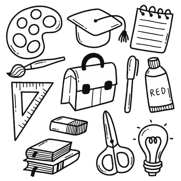 black and white drawing of school supplies