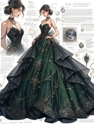 A dark green ballgown that I wanna use. Dreamy Gowns, Dress Design Drawing, Old Fashion Dresses, Fashion Drawing Dresses, Dress Design Sketches, Fashion Illustration Dresses, Prom Dress Inspiration, Dress Sketches, Fantasy Gowns