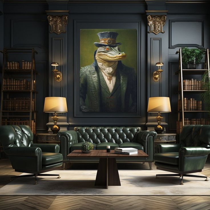 a living room with green leather furniture and a painting on the wall in the background