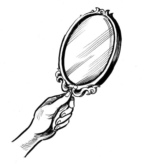 a hand holding a magnifying glass over a white background