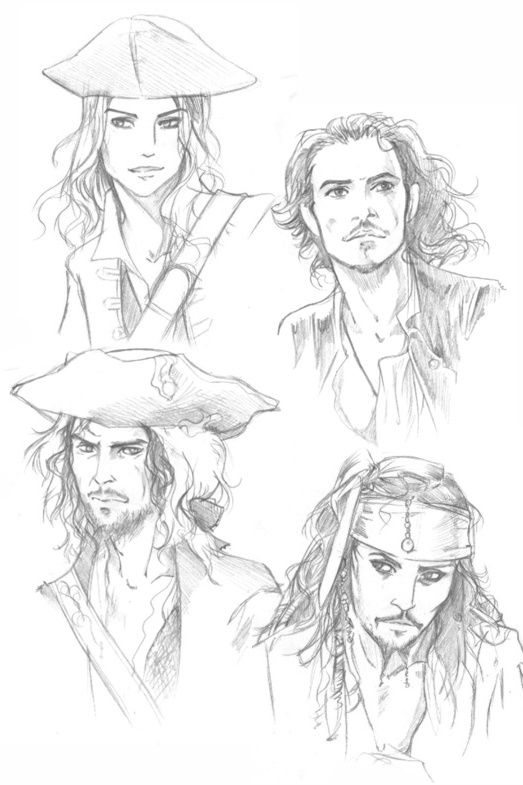 some drawings of pirates from the movie pirates and their captain's hat, one is wearing