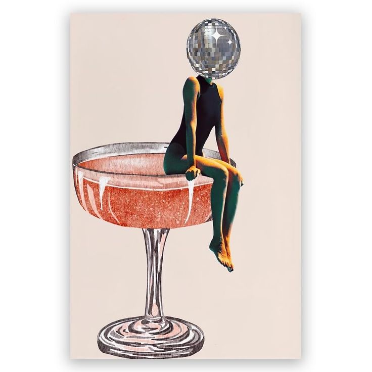 a painting of a woman sitting on top of a wine glass with a disco ball above her head