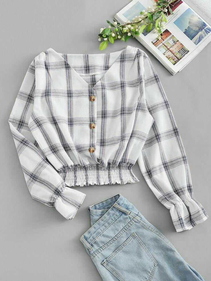 Fashion Tops Blouse, Trendy Fashion Tops, Crop Top Outfits, Plaid Blouse, Fashion Attire, Girls Fashion Clothes, Teenage Fashion Outfits, Teen Fashion Outfits, Trendy Tops