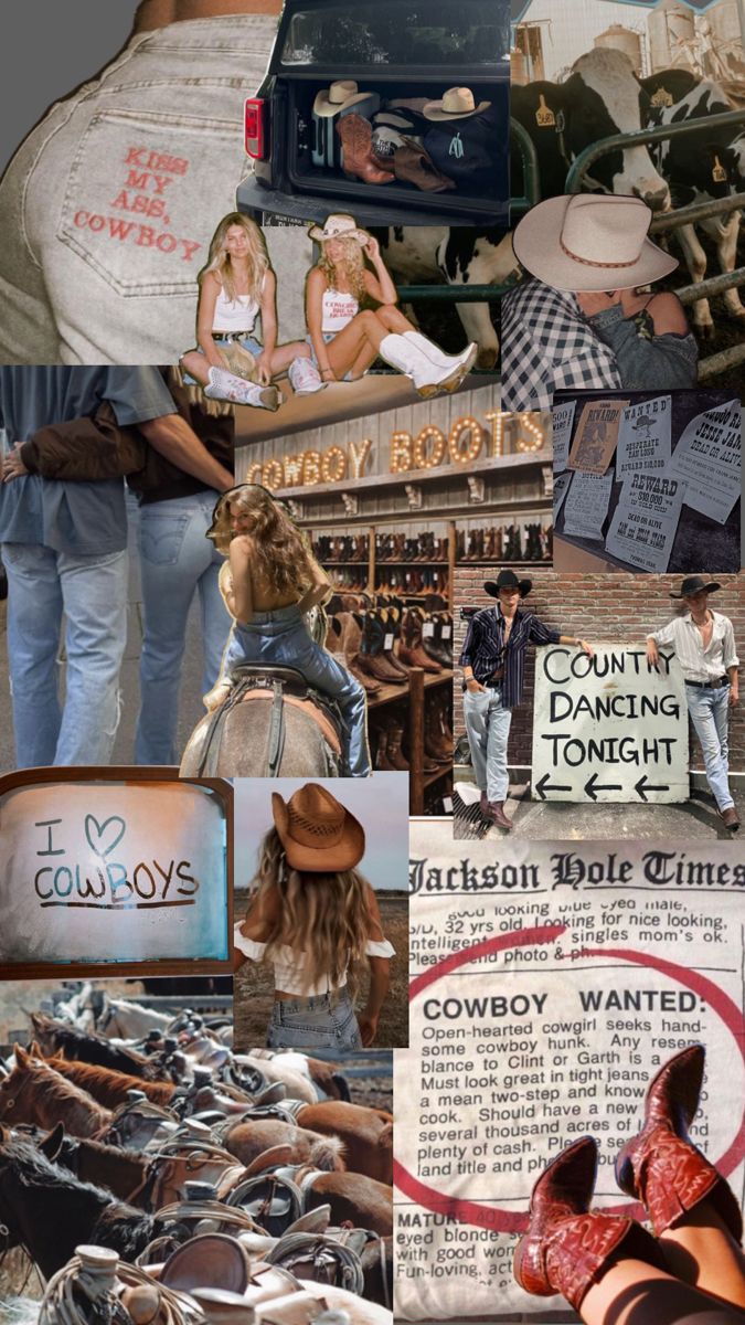 the collage shows many different pictures and people in cowboy hats, jeans and shoes