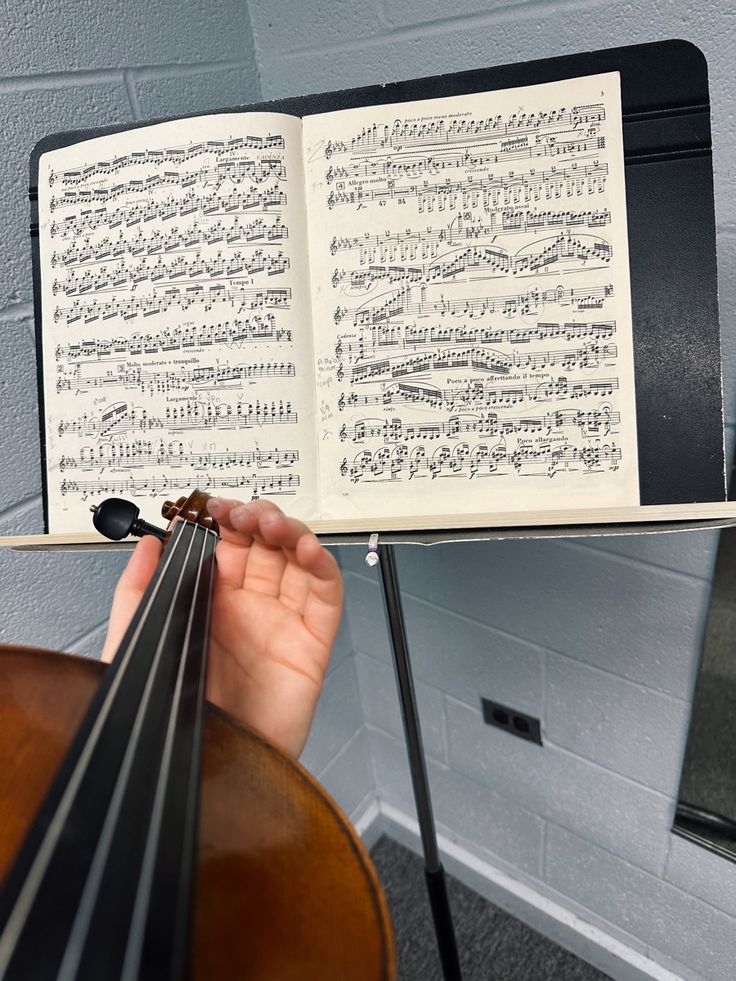 a person holding an open book with music notes on it and violin strings in front of them