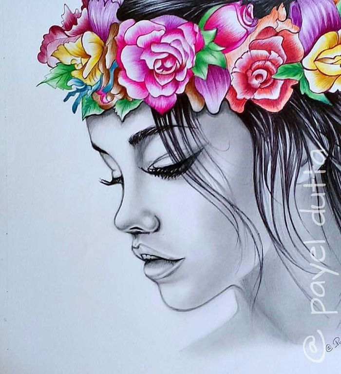 a drawing of a woman with flowers in her hair