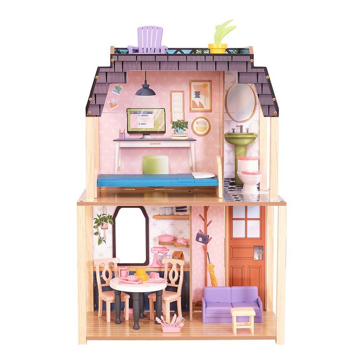 a doll house with furniture and accessories on the inside, including a dining room table