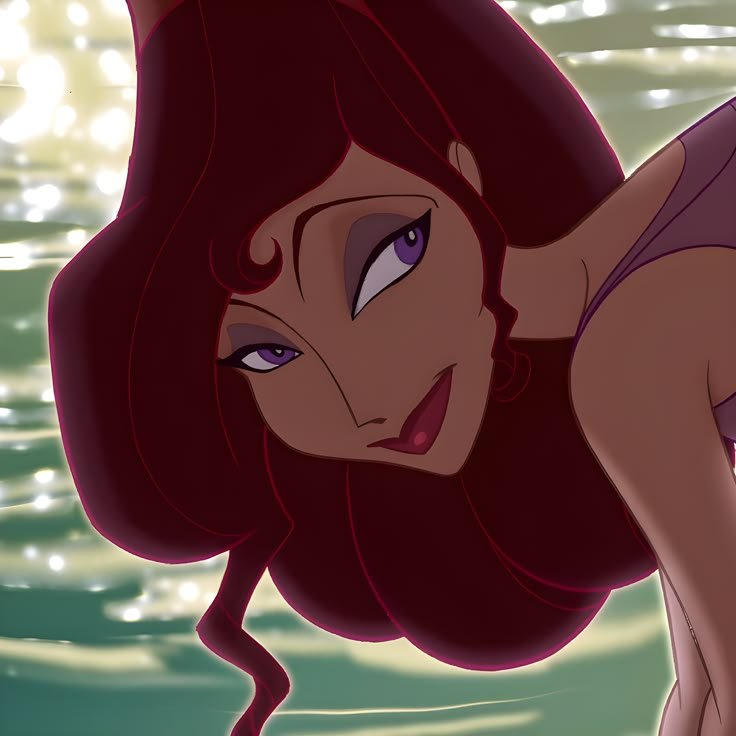 ariel from the little mermaid with purple hair and blue eyes, standing in water looking at camera