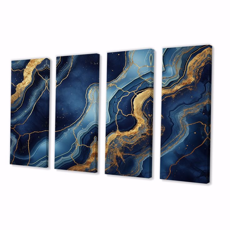 three blue and gold paintings hanging on the wall in front of a white background, each with