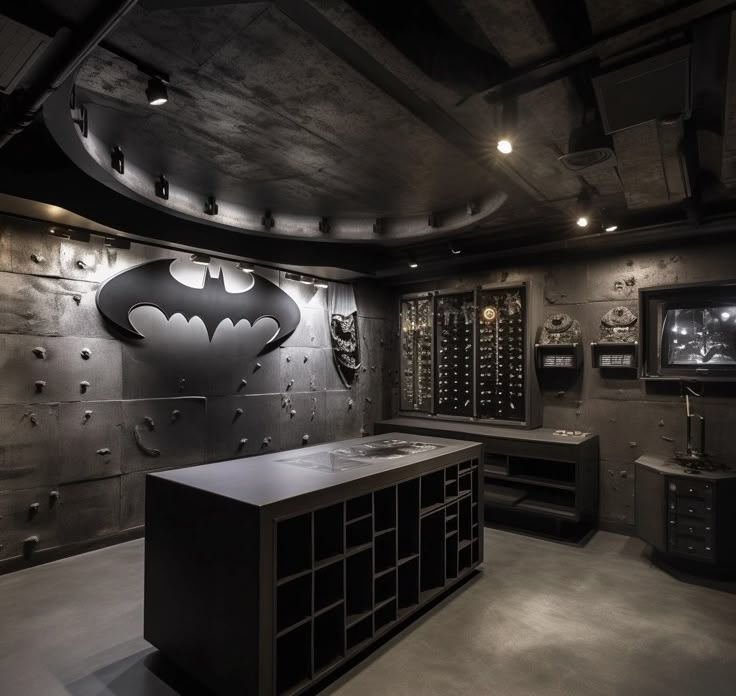 a batman themed room with wine glasses on the wall