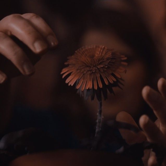 a person holding a flower in their hand with the other hand reaching out to touch it