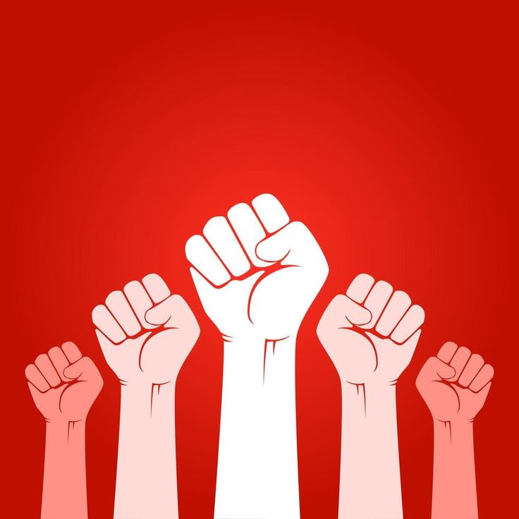 several fists raised up in the air against a red background