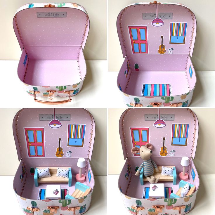 four pictures of a toy suitcase with furniture inside