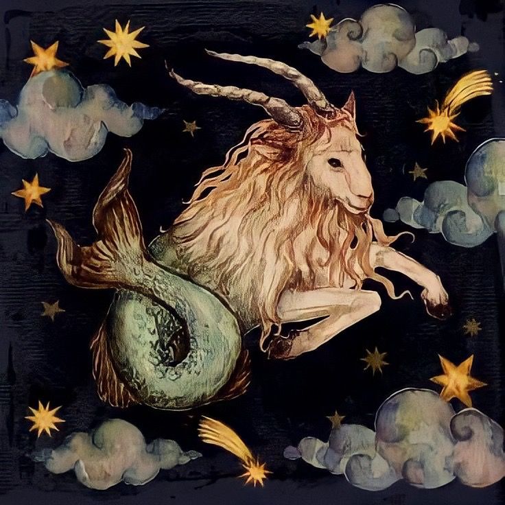 a painting of a unicorn riding a mermaid on top of a star filled sky with clouds