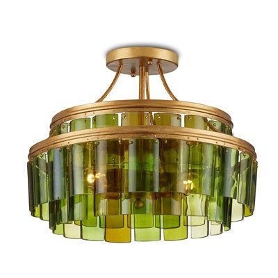 a chandelier with green and yellow glass shades hanging from it's ceiling