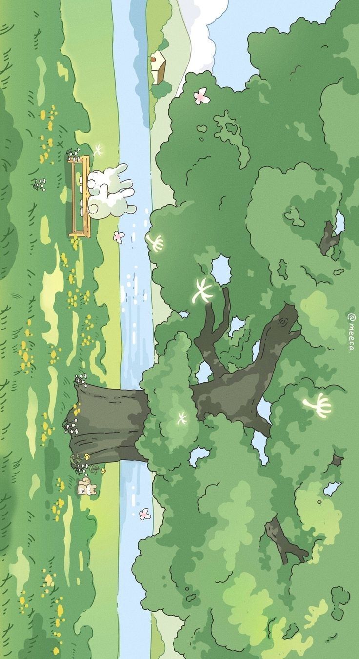 an illustration of a park with trees and water