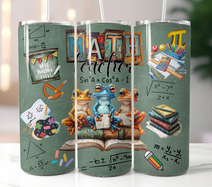 three canisters that have some books on top of them and are decorated with school related items